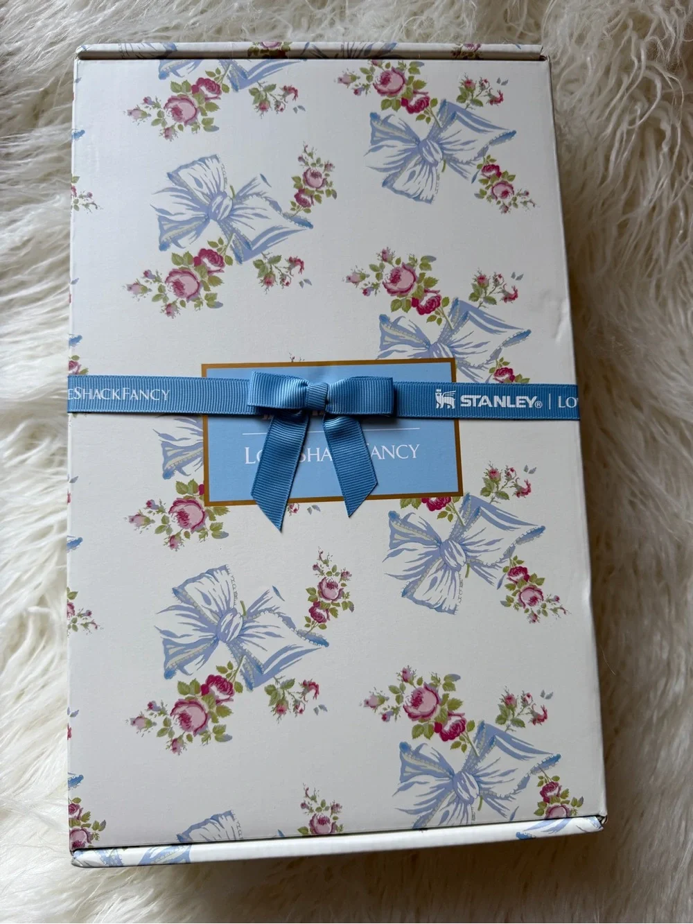 LoveShackFancy Cream Bow Floral Insulated Tumbler with Blue Accents